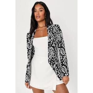 Lulus Miss Punctuality Black And White Floral Lightweight Blazer - Size S